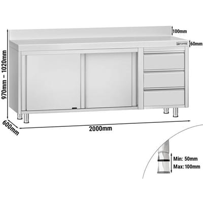 GGM Gastro Edelstahl Arbeitsschrank ECO - 2000x600mm - mit 3 Schubladen rechts & Aufkantung Zilver