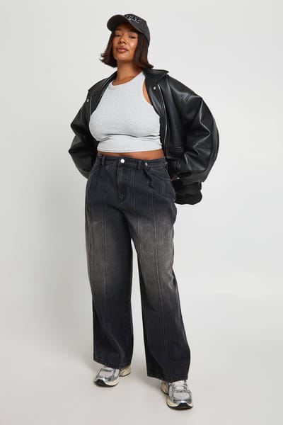 boohoo Dames Plus Verstelbare Taille Wijde Pijpen Jeans | Washed Black | Maat: 48