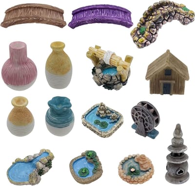 16 Stuks Miniatuur Tuinaccessoires voor Feeën Tuin, Tuinbrug, Mini Vaas, Waterput en Miniatuur Vijver voor Creatieve Tuindecoratie