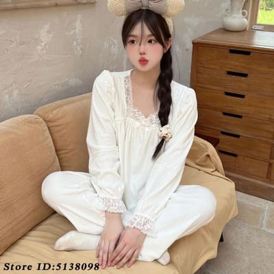 Pyjama 2 pièces pour femme, ensemble doux en dentelle, style princesse, vêtements de nuit chauds en velours, vêtements de détente, haut et pantalon, vêtements pour la maison XL blanc