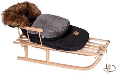 Houten slee - Kinderslee met voetenzak - Winterpret beleven - Afneembare rugleuning - 48x90 cm - Zwart bruin