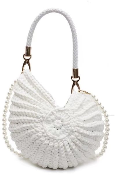 VHV - Schoudertas dames - Crossbodytas dames - Gehaakte tas - Schelptas - Handgemaakt - Met parelketting - Voor strand, vakantie en zomer - Uniek cadeau - Wit