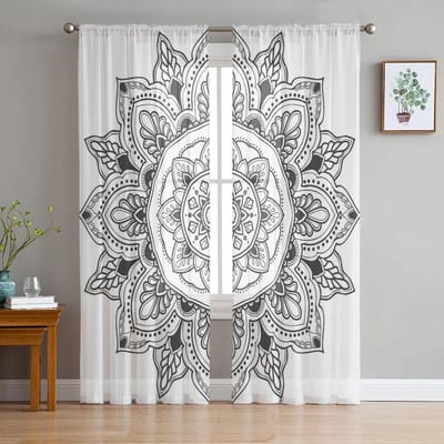 Mandala Patroon Tule Gordijn Huis Kantoor Raamdecoratie Slaapkamer Keuken Balkon Modern Transparant Gordijn 135W x 114H(cm) white