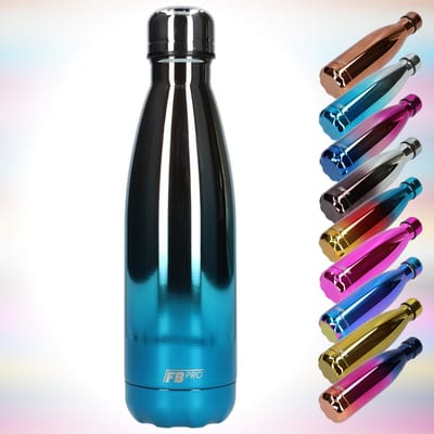 FBFS50, Thermosfles, Drinkfles, Waterfles - Modern & Slank Design - Thermos Fles voor de Warme en Koude Dagen - Dubbelwandig - Robuuste Thermoskan - 500ml - Silver Blue Chrome - Zilver/Blauw Chroom
