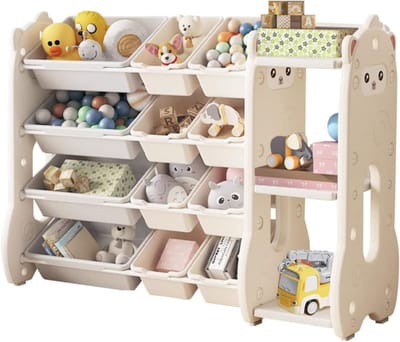 Opbergkast Speelgoed - Opberkast met 4 Verdiepingen - Opbergkast met Boekenplank - Beige - 115cm x 36cm x 85cm