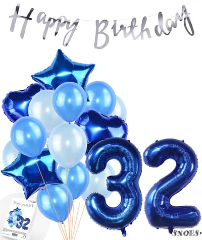 Snoes Ballonnen 32 Jaar Feestpakket – Versiering – Verjaardag Set Mason Blauw Cijferballon 32 Jaar - Heliumballon