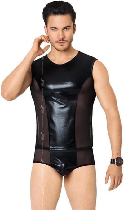 Wetlook heren shirt en slip met netstof details zwart XL