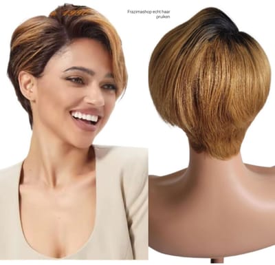 FrazimaShop -Damespruik Kort Haar – Braziliaans Remy Echt Haar – Ombre Zwart Blond - 180% dichtheid– 20 cm – Voor Zomer- Lace Front – Zijscheiding