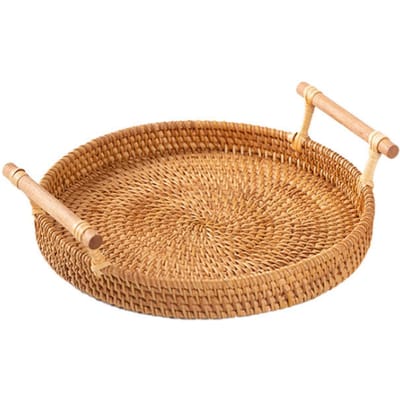 Ronde rotan broodmand geweven serveerschaal met handgrepen voor crackerdiners koffie S kaki