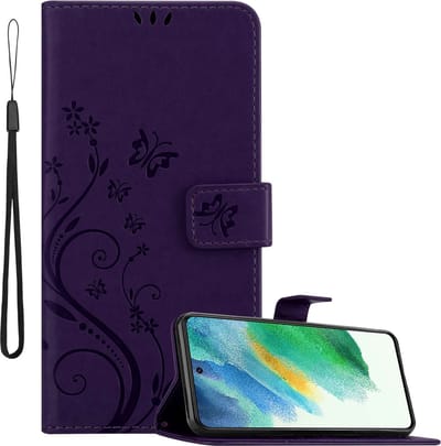 Cadorabo Hoesje geschikt voor Samsung Galaxy S21 FE in BLOEMEN DONKER PAARS - Beschermhoes in bloemmotief met magnetische sluiting, standfunctie en kaartsleuven Book Case Cover Etui