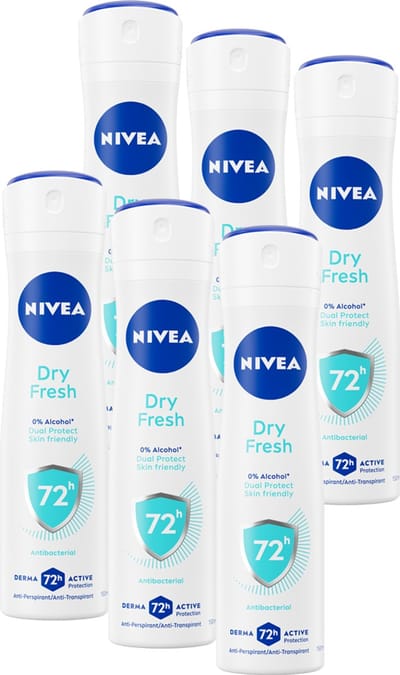 NIVEA Dry Fresh Deodorant Spray - Anti-Transpirant - 72 uur bescherming - Antibacterieel - Alcoholvrij - Frisse geur - 6 x 150 ml - Voordeelverpakking