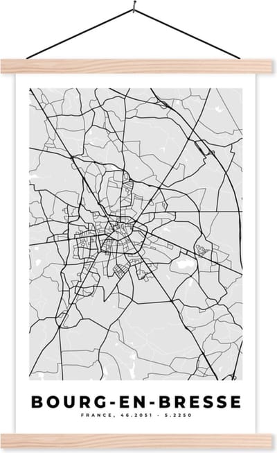 Posterhanger incl. Poster 40x60 cm - Schoolplaat - Bourg-en-Bresse – Plattegrond – Frankrijk – Kaart – Stadskaart - Textielposter - Blanke latten - Stadskaart