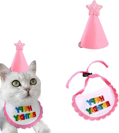 Verjaardagsbandana en Hoed voor Huisdieren, Feestelijke Decoratie voor Katten en Honden, Verjaardagsoutfit en Kostuum, Verstelbare Maat, Roze