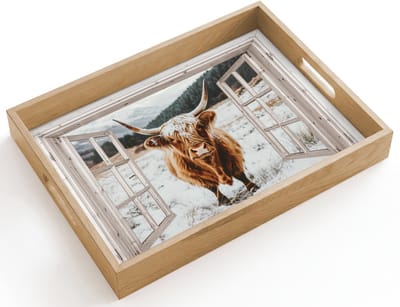 Dienblad hout 40x30 cm - Schootdienblad - Schotse Hooglander - Winterlandschap - Landelijk - Bergen - Doorkijk - Borrelplank rechthoek - Plateau dienbladen