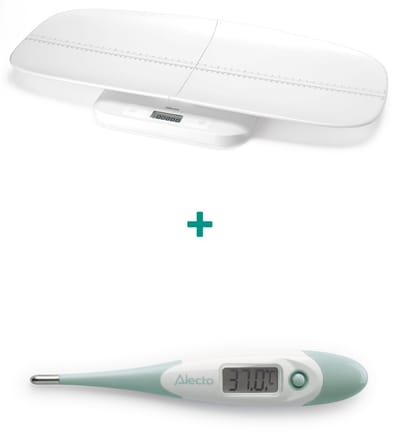 Alecto Baby Gezondheid Bundel - Digitale Baby Weegschaal tot 150kg met Groeimeter - Set met digitale Thermometer