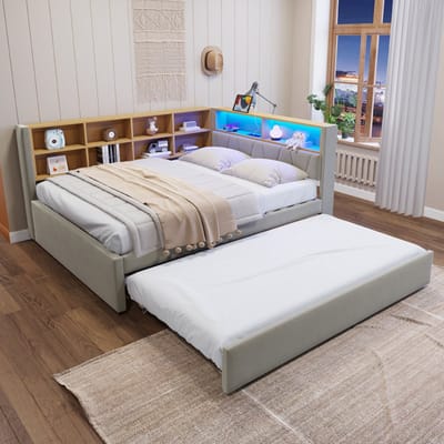 PHOEBE CAT Slaapbank - 140*200 cm - Uitschuifbaar bed - LED-verlichting - Oplaadfunctie - Boekenplank - Lichtgrijs