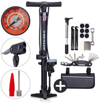 Dunlop Fietspomp met Drukmeter en Fiets Reparatieset 14-delig - Fietsgereedschap met Mini Pomp en Bandenplakkers - Geschikt voor Presta Dunlop Schrader Ventiel - Zwart