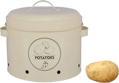 4 authentieke voorraadblikken: uien, knoflook, aardappelen en composter