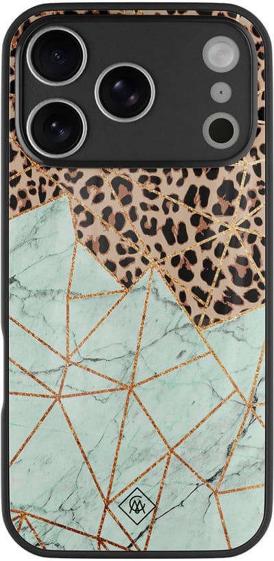 Casimoda® hoesje - Geschikt voor iPhone 17 Pro - Luipaard Marmer Mint - Luxe Hard Case Zwart - Backcover telefoonhoesje - Mint