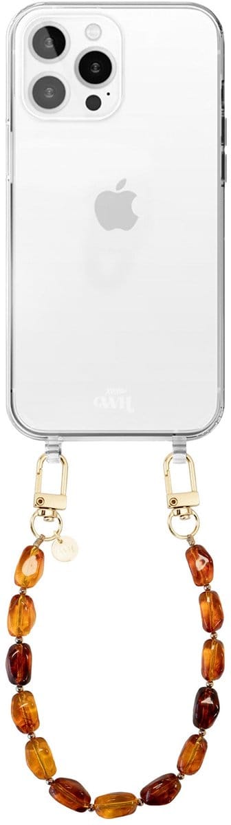 xoxo Wildhearts telefoonhoesje geschikt voor iPhone 11 Pro - Honey Flame (kort koord) - siliconen hoesje met koord - Backcover met telefoonkoord - Telefoonhanger stenen ketting - Bruin / Oranje