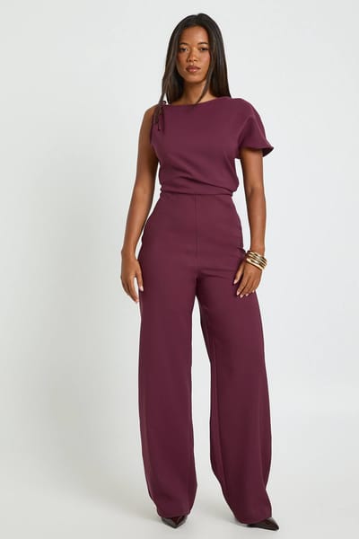 boohoo Dames Asymmetrische Geplooi Wide Leg Jumpsuit | Pruim | Maat: 40