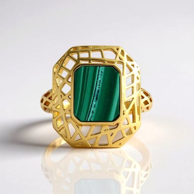 Cavill - Malachiet Ring 1,575 ct - 925 Sterling Zilver 18K Goud Verguld - Elegante Achthoekige Filigraan Damesring - Groen