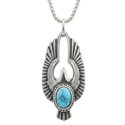 Zilverkleurige ketting met gevleugelde vogel en turquoise steen – ketting voor heren – fantasiehanger in dierenmotief