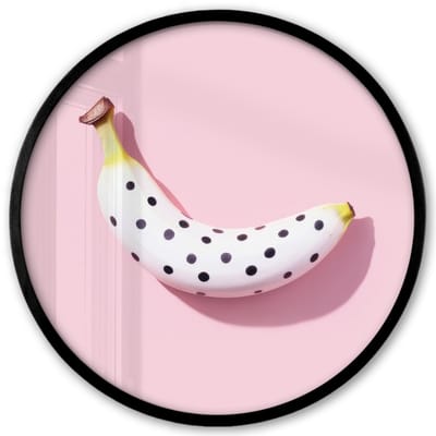Poster in lijst Rond - Fotolijst 40x40 cm - Posters - Banaan - Stippen - roze - Ronde posterlijst zwart - Decoratie - Wanddecoratie woonkamer - Muurdecoratie slaapkamer