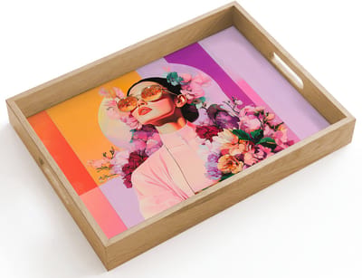 Dienblad hout 40x30 cm - Schootdienblad - Portret - Vrouw - Abstract - Bloemen - Borrelplank rechthoek - Plateau dienbladen