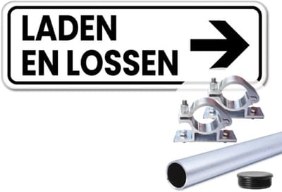 Bord laden en lossen pijl rechts - Weerbestendig Aluminium - 40x15 cm - Bevestiging: Met paal 120 cm + paalbeugels + paaldop