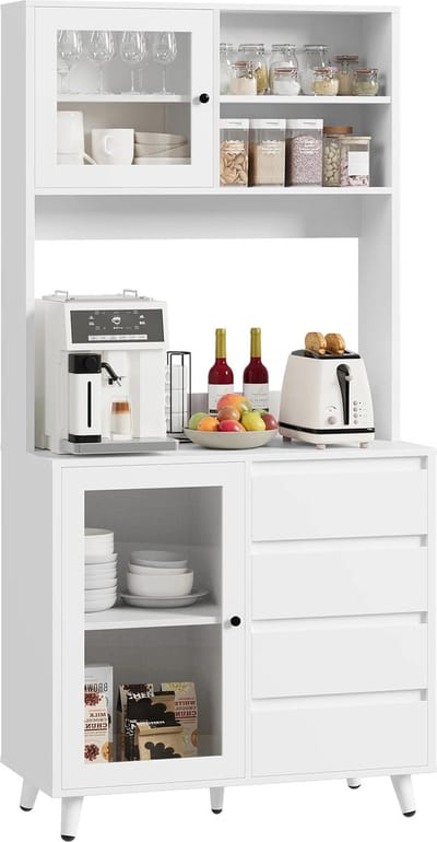 DHN Hoge keukenkast - Keuken Organizer - 180Cm Hoge Opbergkast - Keukenkast Glazen Deuren - Wit