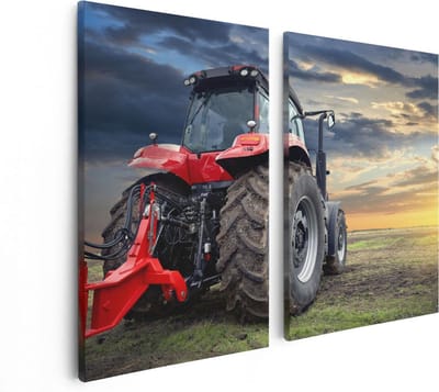Artaza Canvas Schilderij Tweeluik Rode Tractor bij Zonsondergang - Trekker - 80x60 - Foto Op Canvas - Canvas Print