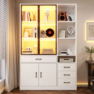 Clruro Vitrinekast - 120 x 35 x 200 cm - met LED en app-bediening - Spaanplaat + Glas - Wit