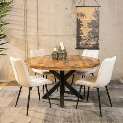 Meubelplaats Combideal Lucille: ronde eettafel Mangohout 120 cm met 4 Lucille eetkamerstoelen - Stof perfect harmony - Beige - Eethoek - eetkamerset - eettafel met stoelen