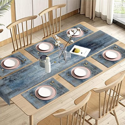Vintage blauwgrijze tafelloper en placemats, set van 6, moderne abstracte schilderkunst, eettafeldecoratie voor dagelijks gebruik (1 tafelloper 182 cm lang en 6 placemats)