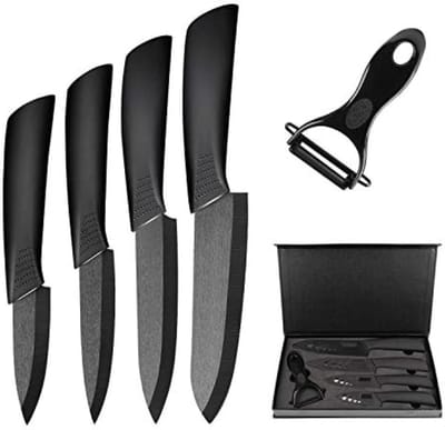 Keramische Messenset 5-delig met Beschermhoezen - Scherpe Keukenmessen voor Vlees, Vis, Groenten en Fruit - Antislip Handgrepen - Zwarte Koksmessen Set