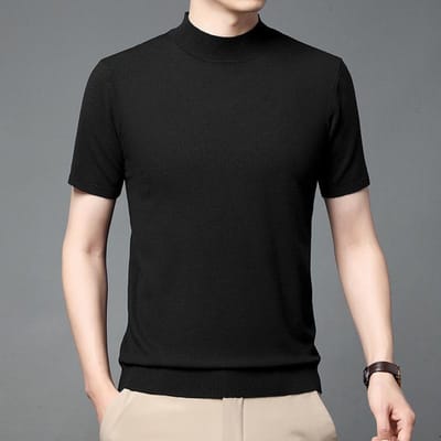 Heren Halfhoge Hals Gebreide Trui met Korte Mouwen Lente en Zomer Nieuw Jong en Middelbare Leeftijd Mannen Effen Kleur Casual XXXXL black