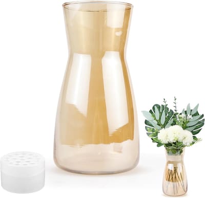 Famanu – Glazen bloemenvaas, helder glas met barnsteen tint, geschikt voor pampasgras, tulpen en rozen, decoratieve vaas voor slaapkamer, woonkamer en kantoor