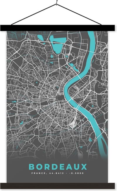 Posterhanger incl. Poster 40x60 cm - Schoolplaat - Frankrijk - Stadskaart - Kaart - Plattegrond - Bordeaux - Textielposter - Zwarte latten - Stadskaart