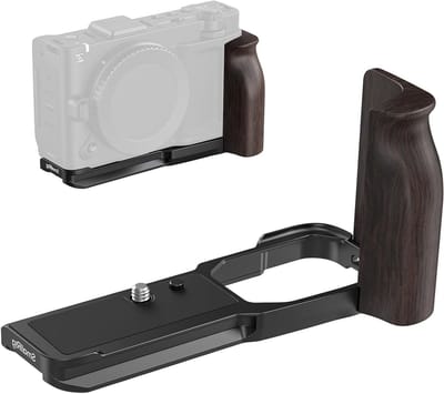 L-vormige montageplaat met houten handgreep voor Nikon camera's, ideaal voor videografie en fotografie
