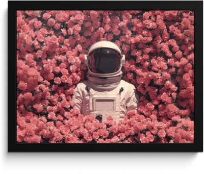 Poster in lijst - Fotolijst 40x30 cm - Posters - Bloemen - Roze - Astronaut - Posterlijst zwart - Decoratie - Wanddecoratie woonkamer - Muurdecoratie slaapkamer