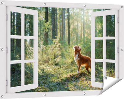 Gards Tuinposter Doorkijk Retriever Hond in het Bos met Zon - 120x80 cm - Tuindoek - Tuindecoratie - Wanddecoratie buiten - Tuinschilderij