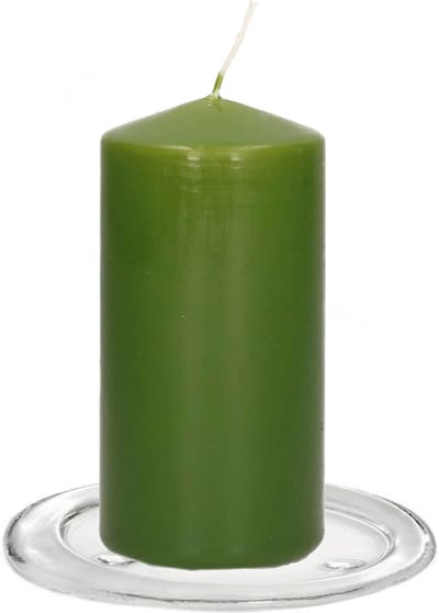 Trend Candles - Stompkaarsen met glazen onderzetters set van 2x stuks olijfgroen 6 x 12 cm