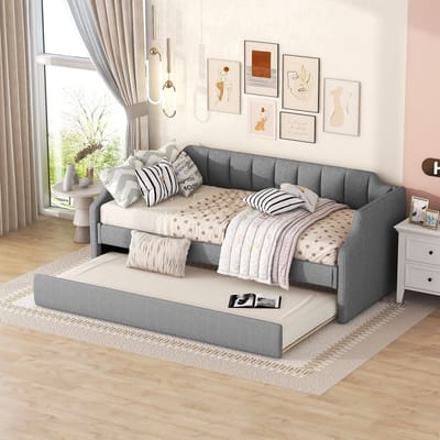 Gestoffeerd dagbed met uitschuifbaar onderbed - Voor slaap- en logeerkamer 90x200/190 cm - Grijs - Inclusief linnen bekleding - Rolbed op wielen - Compact 2-in-1 design