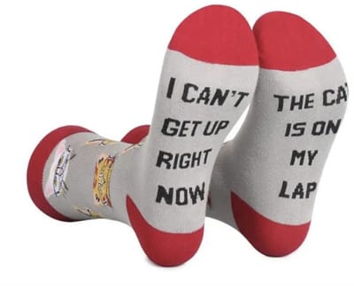 SilverAndCoco® - Cat on my Lap Katten Sokken / Gekke Vrolijke Foute Kleding / Leuke Grappige Happy Socks / Huissokken Verjaardag Geschenk Poes op schoot Sok Outfit Katoen / Vrouwen Sinterklaas Schoen Kerst cadeau met Tekst - Kat / Cats / Cat Mom