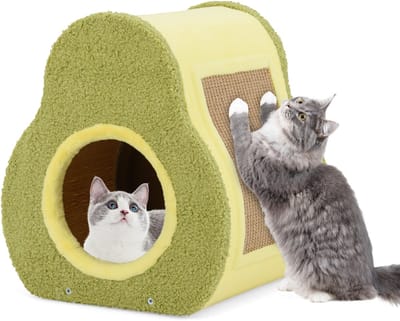 COSTWAY Kattenmand in avocado-look, 2-in-1 kattenbed & jute krabplank, kattentent, kattenmeubel indoor, 35 x 33 x 40 cm