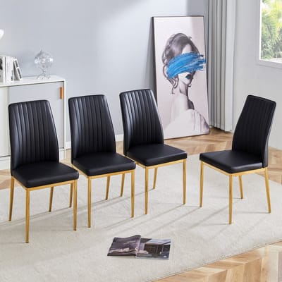 MODENUIT Eetkamerstoel - Set Van 4 - Ergonomische Rugleuning Met Gouden Metalen Poten - Voor Eetkamer - PU-Leer Zwart