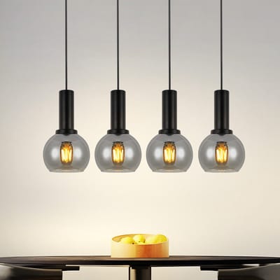 NETTLIFE Hanglamp - 4-Lichts - Glas en Metaal - Zwart en rookgrijs - E27 Fitting - Vintage Eetkamerlamp Hangend - In hoogte verstelbaar 120cm - voor Keuken | Slaapkamer | Woonkamer | Studeerkamer - zonder lampen