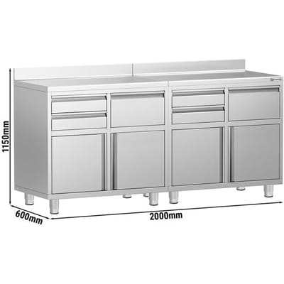GGM Gastro Arbeitsschrank - für Kaffeemaschine - 2000x600mm - mit 4 Schubladen, 4 Türen, 2 Abklopfschubladen & Aufkantung