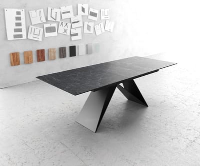 Eettafel Edge Laminam® keramiek grijs 180-220x100cm V-middenvoet zwart